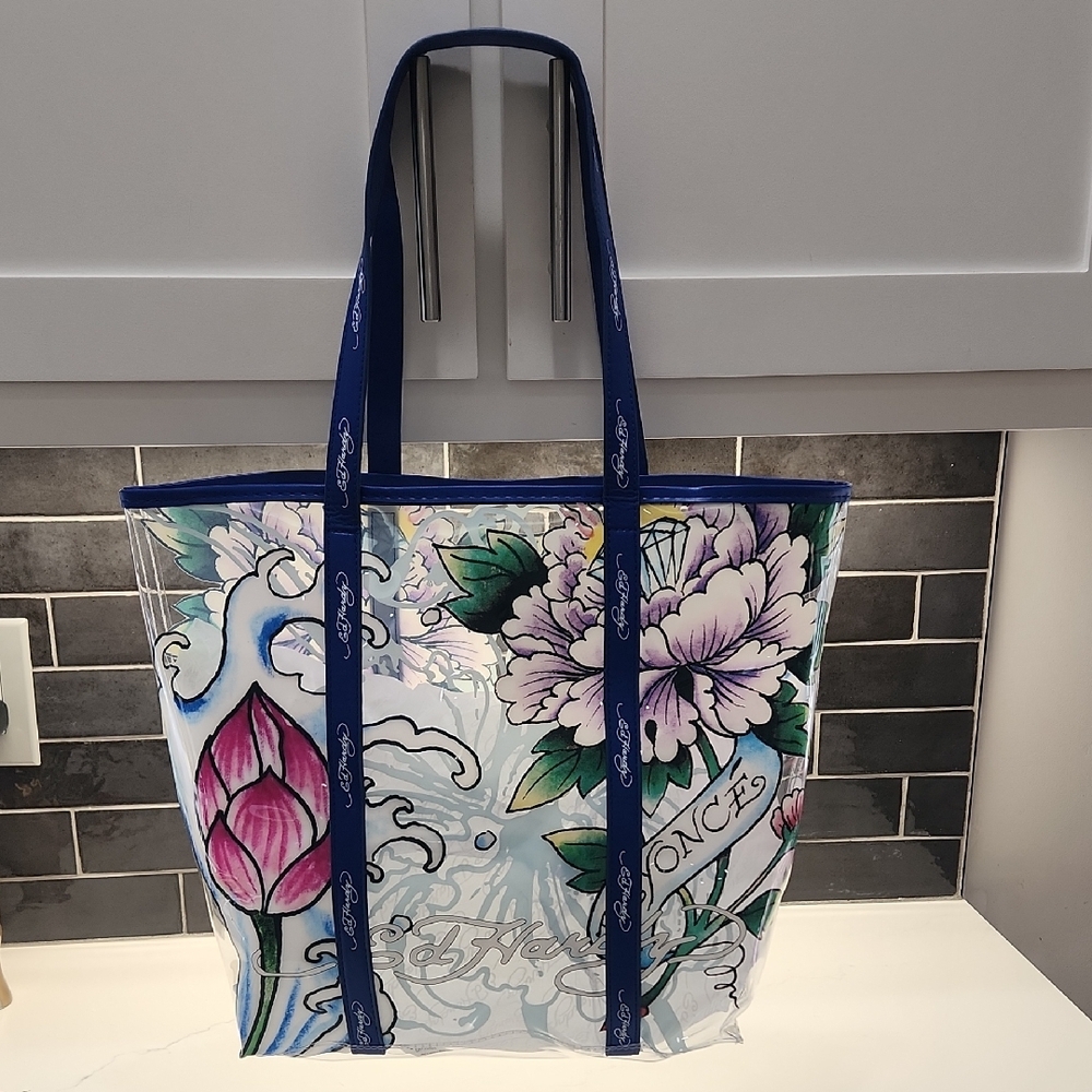 Ed Hardy Clear Floral Tote with Blue Straps and Multicolor Print. NWT - Picture 2 of 6